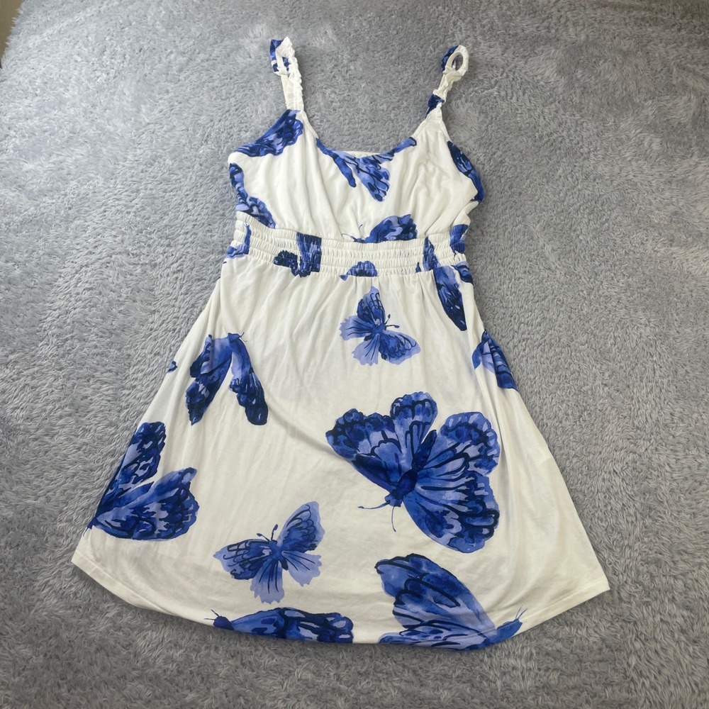 Soma Nightgown Womens M Blue Butterfly Ruched Dress Stretchy Pajama Comfort